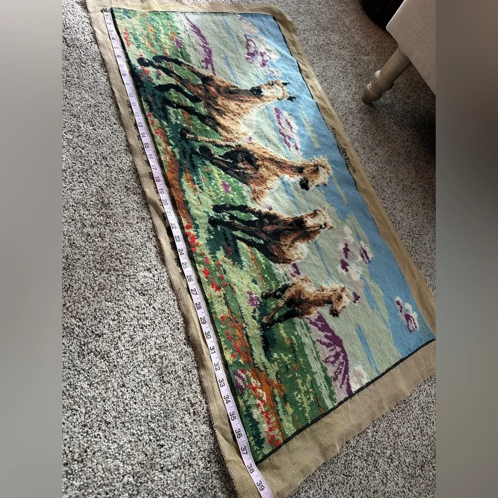 Vintage running wild horses large needlepoint tapestry 18” x 38”